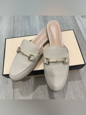 BCBGeneration Soft Grey Leather Mule Loafers with Gold-Tone Bit